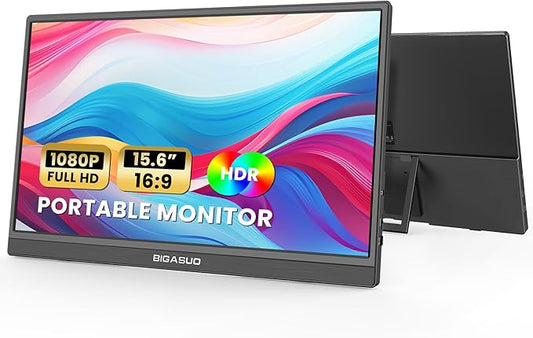 BIGASUO Portable Monitor for Laptop, 15.6'' FHD 1080P USB-C HDMI Travel Monitor, HDR IPS Ultra-Slim Portable Screen with Kickstand & Speakers, Extra Screen for Laptop PC MAC Phone PS4/5 Xbox Switch