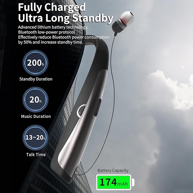 Bluetooth 5.0 Neckband Bluetooth Headphone, Sweat Resistant Noise Cancelling Stereo Headphones, and Retractable Ear Tips for Music, Conference, Videos（Bright Black¼