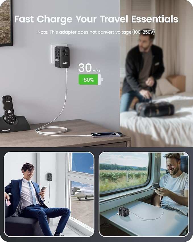 LENCENT 140W International Travel Adapter, GaN Universal Travel Adapter with 1 USB-A & 3 Type C Power Adapter, Fast Charger for Phone,Laptops, Worldwide Plug Adapter for USA/UK/EU/AUS, Black