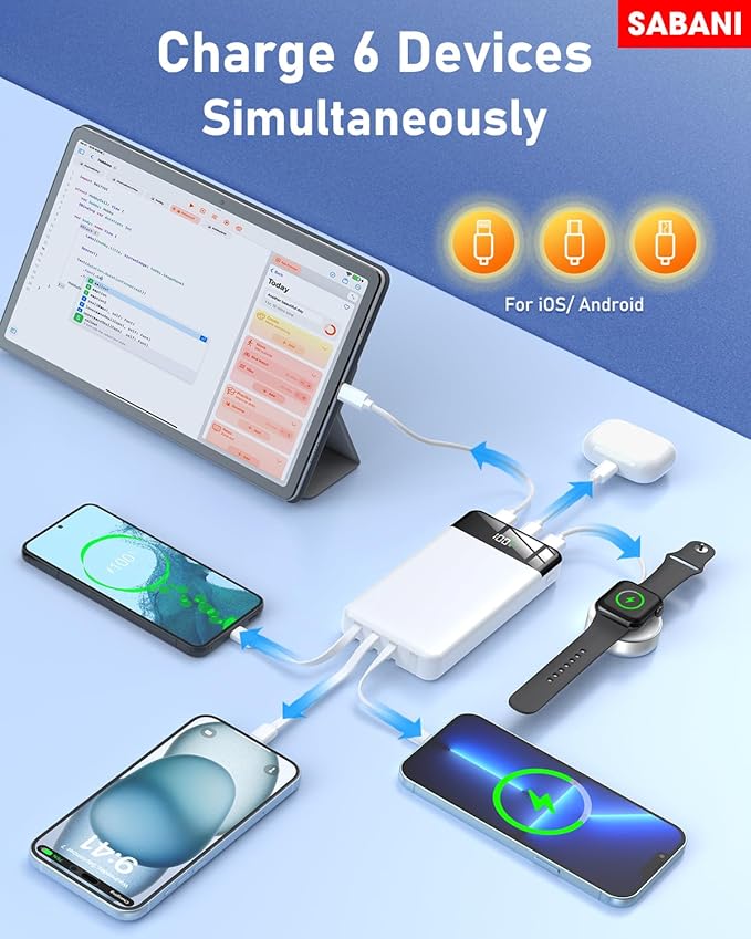 SABANI Portable Charger 35000mAh Power Bank - Portable Battery with 4 Built in Cables, 22.5W Fast Charging Battery Pack Compatible with iPhone 16 15 14 13 Samsung Android Phone etc (1 Pack, White)