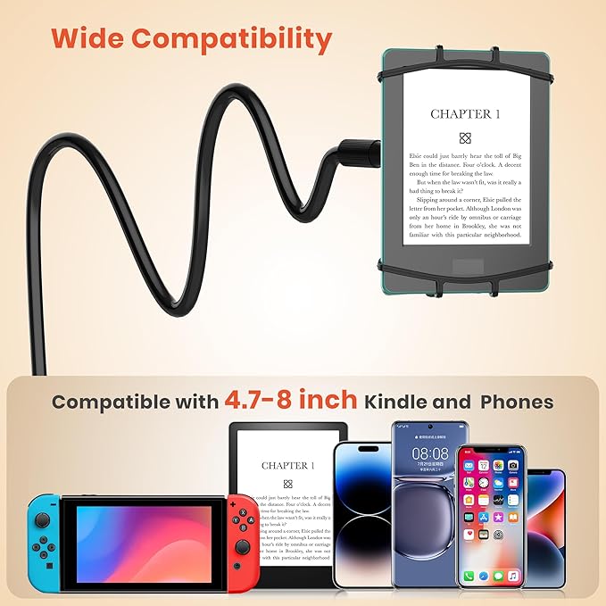 Gooseneck Kindle Holder for Reading in Bed, 360° Adjustable Cell Phone Stand for Desk, Flexible Lazy Arm Mount Clamp,Kindle Paperwhite Stand Accessories,Compatible with 4-8 Inches Device