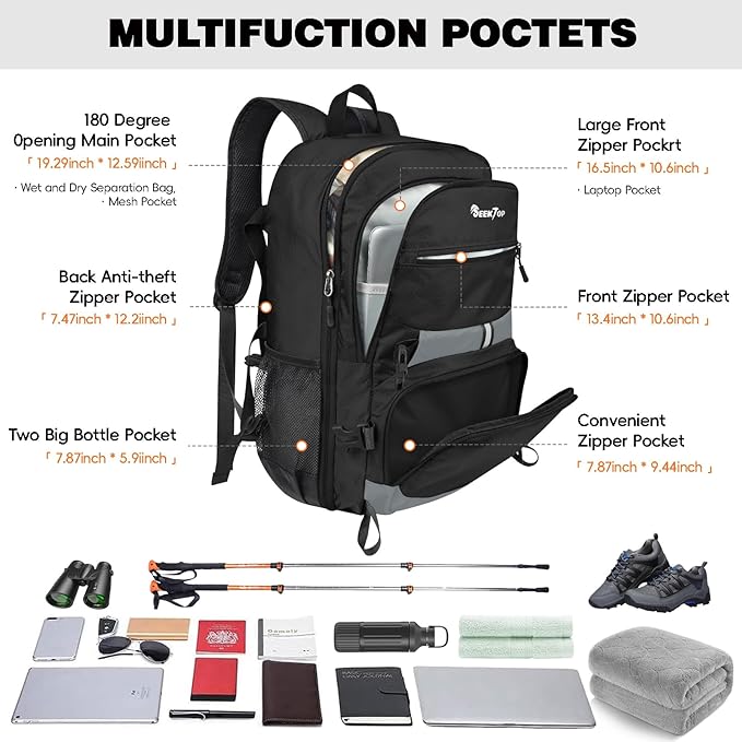 Seektop 40L Hiking Backpack Foldable Daypack for Women Men, Lightweight Travel Backpack Carry on Flight Approved for Camping School Work Business Leisure (Black)