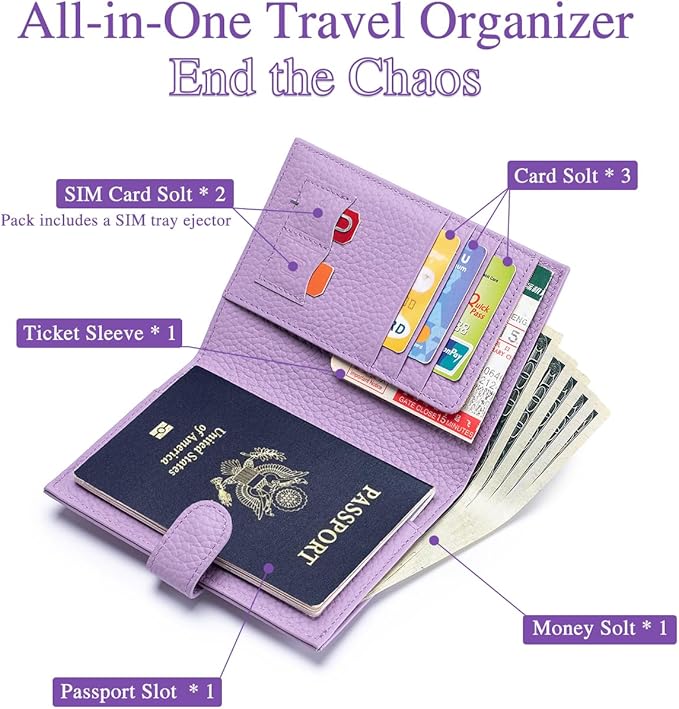 Passport Wallet for Women – RFID Blocking Passport Holder for Travel with Card Slots, Coin Pocket & SIM Slot – Slim Stylish Genuine Leather Travel Organizer – (Lavender)