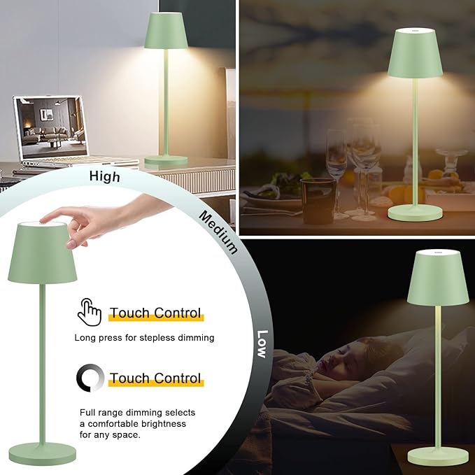 Ralbay IP54 Aluminum Cordless Rechargeable Table Lamp LED Modern Battery Operated 4800mAh Waterproof Portable Stepless Dimmable Desk Lamp for Restaurant/Bedroom/Camping/Outdoor (Green)