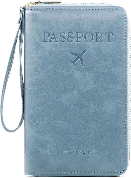 S-11 RFID Blocking Passport Holder Travel Wallet, Slim Zipper Card Case with ID Window, Boarding Pass Slot & Credit Card Organizer for Men and Women. (Sky Blue)