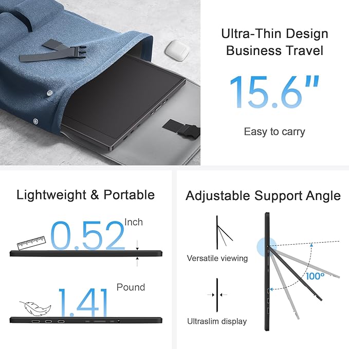 Portable Monitor 15.6-inch FHD 1080P Ultra-Slim Travel External Monitor HDR IPS Gaming Display with Kickstand &Speakers USB-C HDMI Plug&Play，for Laptop PC Phone PS4/5 Xbox Switch