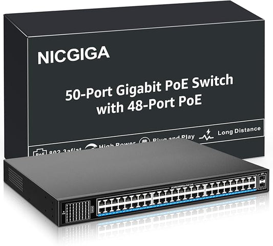 48 Port Gigabit PoE Switch Unmanaged with 48 Port IEEE802.3af/at PoE+@400W, 2 x 1G SFP, NICGIGA 50 Port Network Power Over Ethernet Switch, Desktop/Rackmount