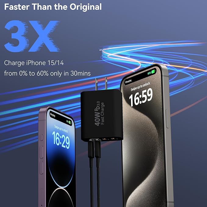 USB C Wall Fast Charger Block, 40W 4-Port Type C Chargers Fast Charging Blocks PD Power Charger Adapter+QC 3.0 USB Multiport Charger Brick for Phone 17/16/15/14/13/12 Pro Max, i-Pad, Galaxy S25-2Pack