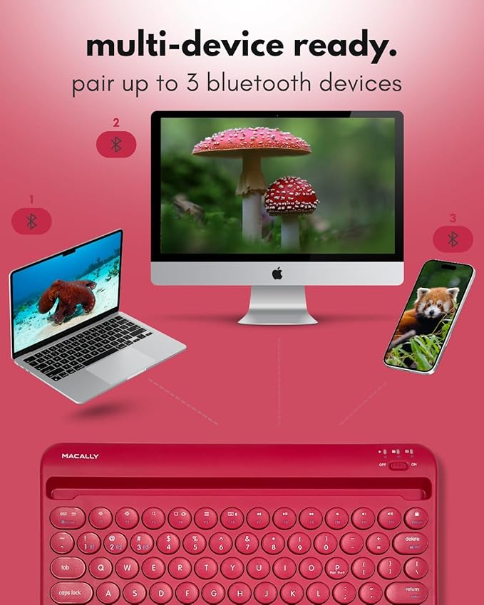 Macally Bluetooth Tablet Keyboard - Multi Device Wireless Keyboard for Phone, iPad mini/Pro, Android - Rechargeable with Built in Stand and Quiet Keys