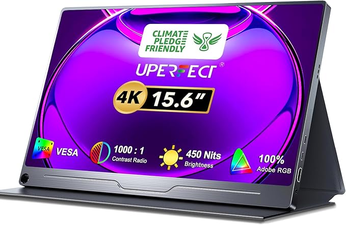 UPERFECT Truely 4K Computer Monitor, 15.6" UHD FreeSync 100% AdobeRGB 450 Nits Brightness HDR IPS Speaker Eye Care Game Display 2 Type-C Full HDMI for Laptop Phone, VESA & Smart Case