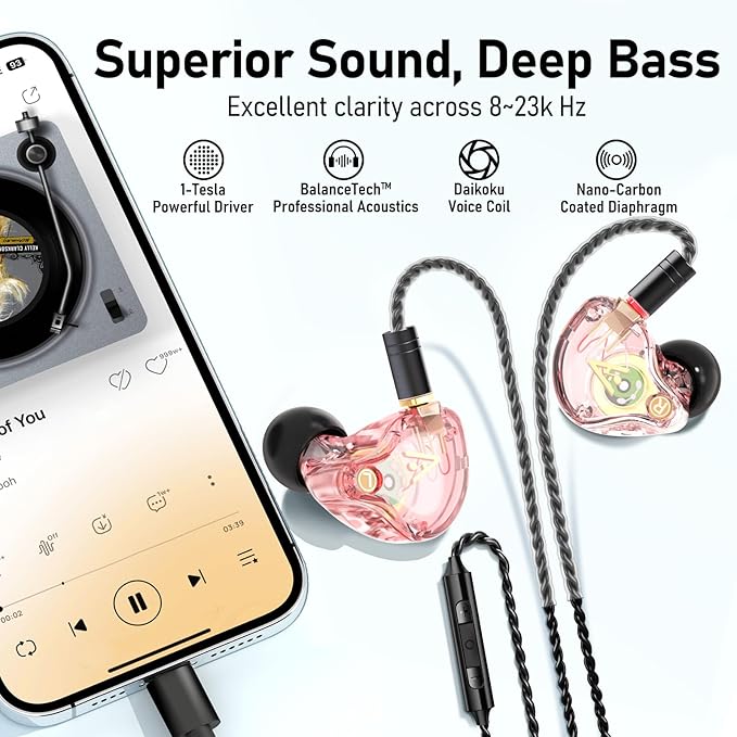 Vibes 202 Wired Earbuds, HiFi in Ear Monitor Headphones, Noise Isolating Ear Buds w/Mic, Deep Bass & Comfort-Fit Earphones, Silver Plated Cord, Carrying Case, USB C, Pink