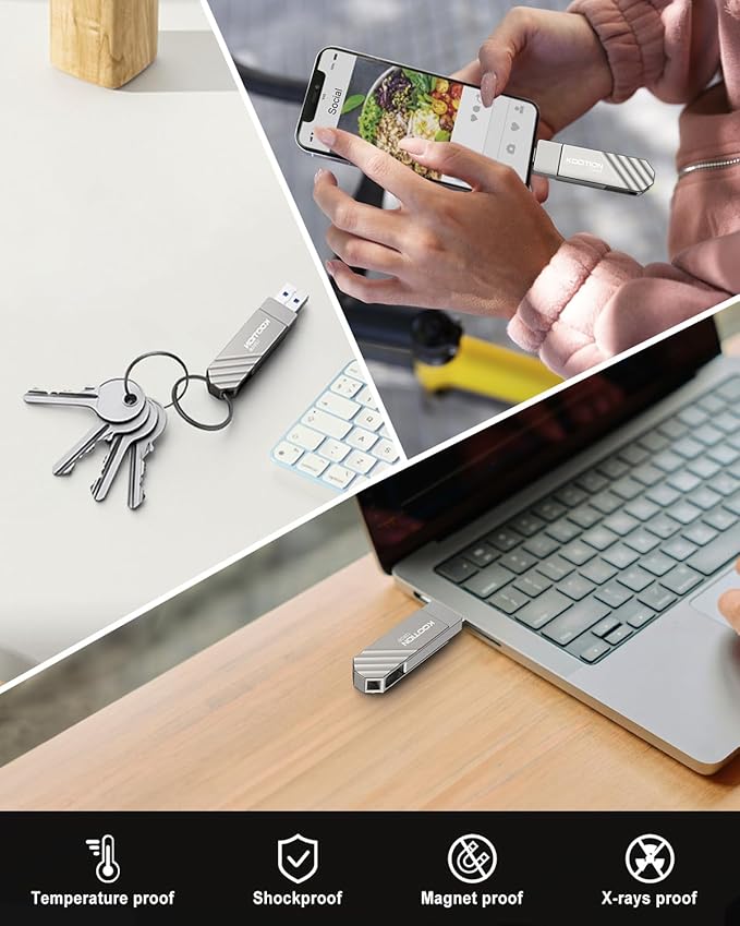 KOOTION USB-C Flash Drive 128GB, USB 3.2, Solid State, Swivel, Up to 450MB/s, Compatible with iPhone 15/16, Metal, 2-in-1 OTG, Silver