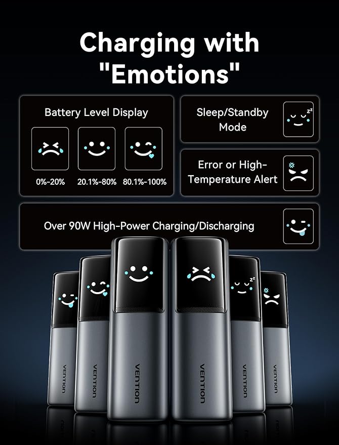 VENTION Powerhive 200W Portable Laptop Charger, 27000mAh Power Bank, Digital Display & Emoji Animation, Integrated USB-C Cable, for iPhone 16/15/14/13 Pro Max, MacBook, Dell, HP, Galaxy S24