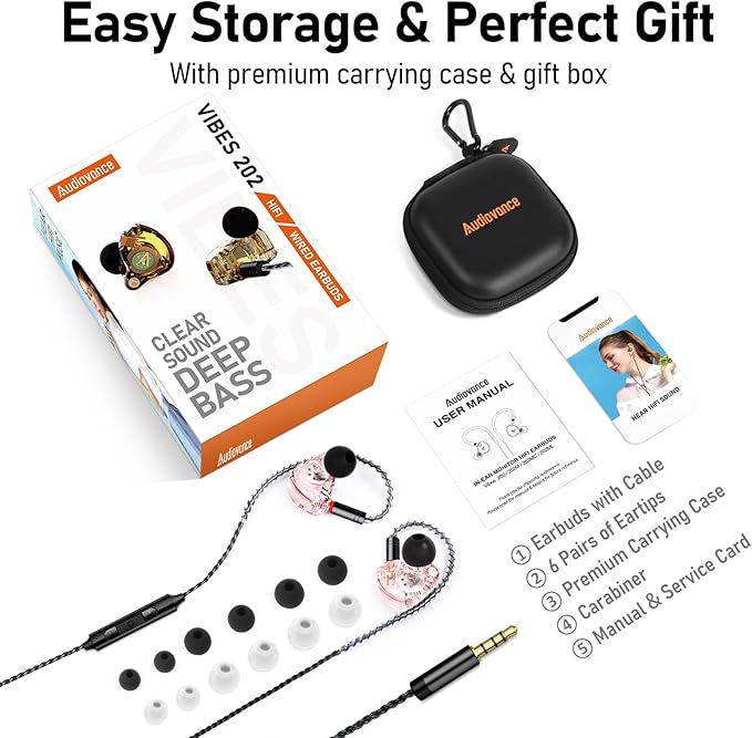 Vibes 202M Wired Earbuds - HiFi in Ear Monitor Headphones - Noise-Isolating Ear Buds w/ Mic - Clear Sound, Deep Bass & Comfort-Fit Gaming Earphones - MMCX to 3.5mm & Silver Plated Cord, Carrying Case