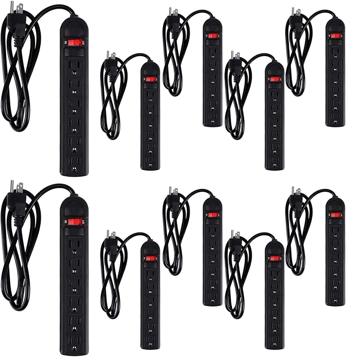 Hoteam 10 Pcs Power Strip Bulk 6 Outlet Surge Protector Power Cord Electrical Extension Cord with Switch Low Profile Plug Flat for Home Office(2 ft,Black)