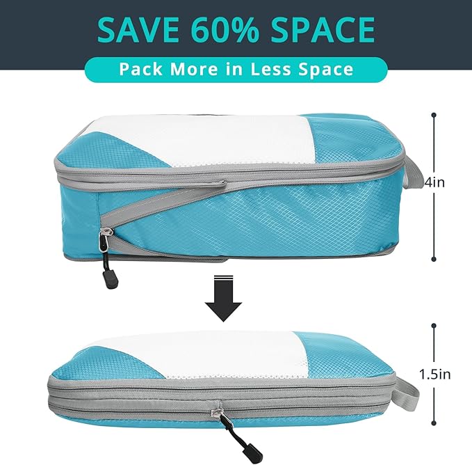 9 Set Compression Packing Cubes for Travel - Compressible, Lightweight, and Space-Saving Packing Cubes, Travel Essentials for Women, Teal