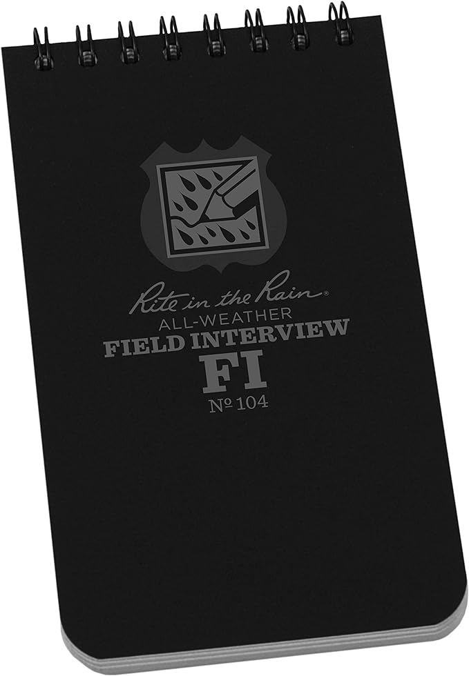 Rite in the Rain Weatherproof Field Interview Notebook, 3" x 5", Black Cover, Field Interview Form Pages (No. 104)