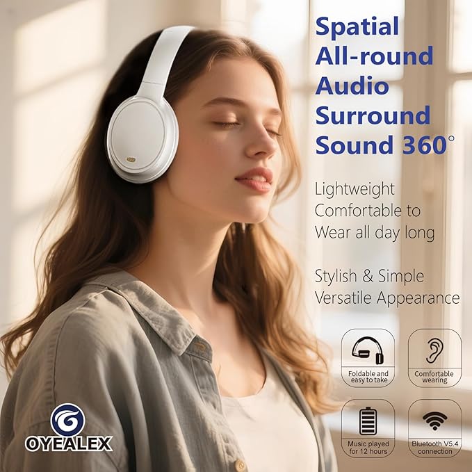 OYEALEX Active Noise Cancelling Headphones,Over Ear Bluetooth Headphones with Microphone,HiFi Stereo Deep Bass,Foldable Lightweight Headsets,Long ANC Playtime for Home Office Cellphone PC Travel-Black