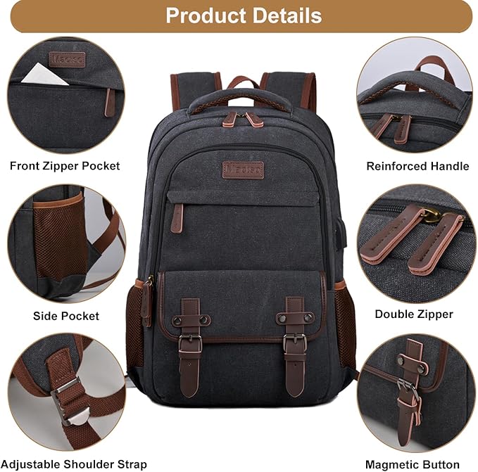 Mactso Canvas Travel Laptop Backpack for Men Women, Business Work Rucksack College School Computer Bag Fits 15.6 Inch Notebook,Bookbag with USB Charging Port (Black, 15.6 Inch)