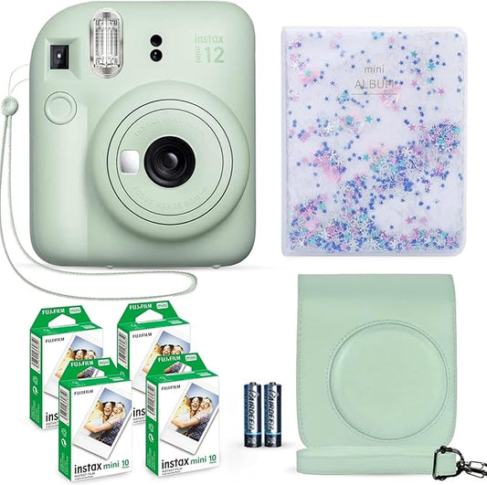 Fujifilm Instax Mini 12 Instant Camera Mint Green + Fuji Film Value Pack (40 Sheets) + Shutter Accessories Bundle, Incl. Compatible Carrying Case, Quicksand Beads Photo Album 64 Pockets