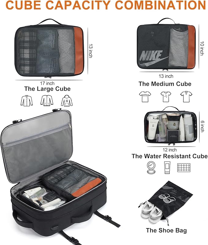 Travel Laptop Backpack,42L Carry on Luggage, Flight Approved Expandable Backpack,Business Anti Theft Weekender Bags for Women Men, Water Resistant Expandable Backpacks With 4 Packing Cubes