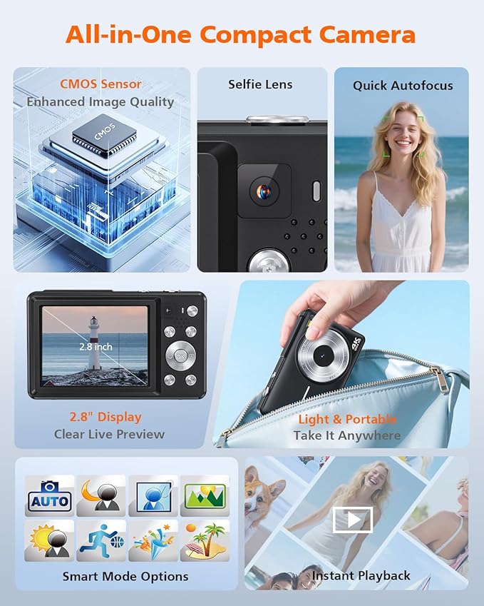 Digital Camera, 4K 64MP Camera for Photography and Video, Autofocus Compact Camera with Selfie Lens, Anti-Shake, 16X Zoom, 32GB Card, Point Shoot Camera for Teens Adult Beginner(Black)