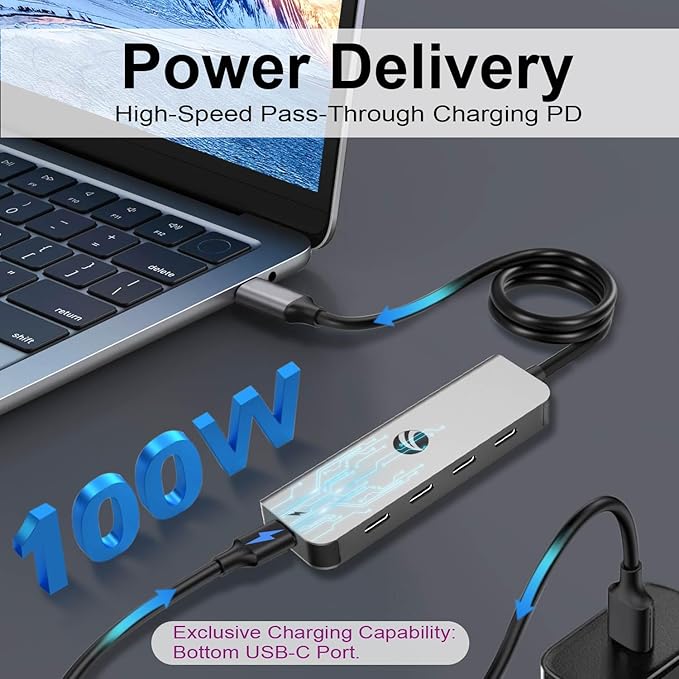 VCOM 10Gbps USB C Hub，5 Ports USB 3.2 Gen 2 Splitter with 100W Power Delivery，Aluminum USB Type C to USB Hub Multiport Adapter for MacBook Pro/Air and More Thunderbolt/USB C Laptop (Gray)