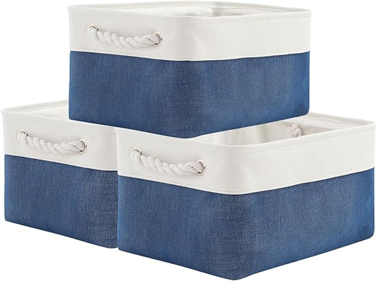 TheWarmHome Storage Basket for Organizing - Medium 3 Pack 14x10x7 inch Fabric Storage Cubes for Shelves with Rope, Collapsible Storage Bin for Organizer Closet Cloth Gift Toy (White & Jean Blue)