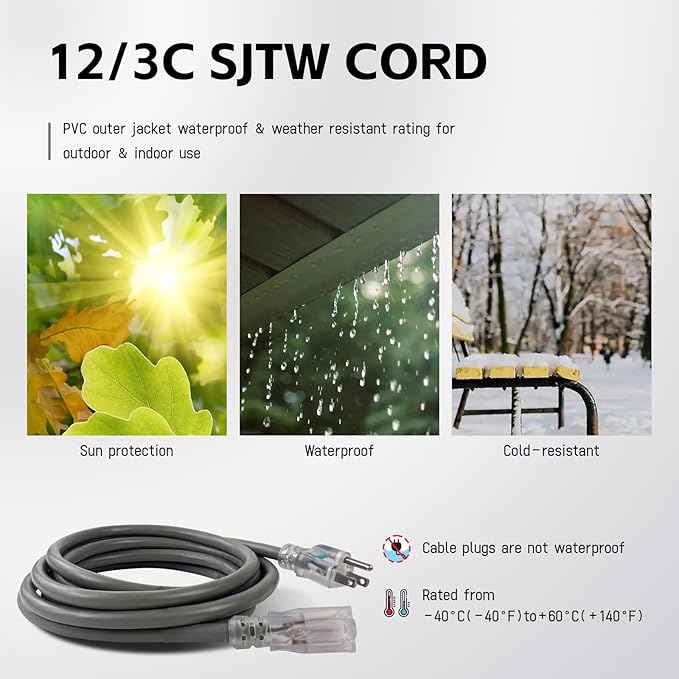 EP 1 Ft Lighted Extension Cord - 12/3 SJTW Heavy Duty Grey Extension Cable with 3 Prong Grounded Plug - Power Cord for Lawn, Garden, Appliances,2PACK