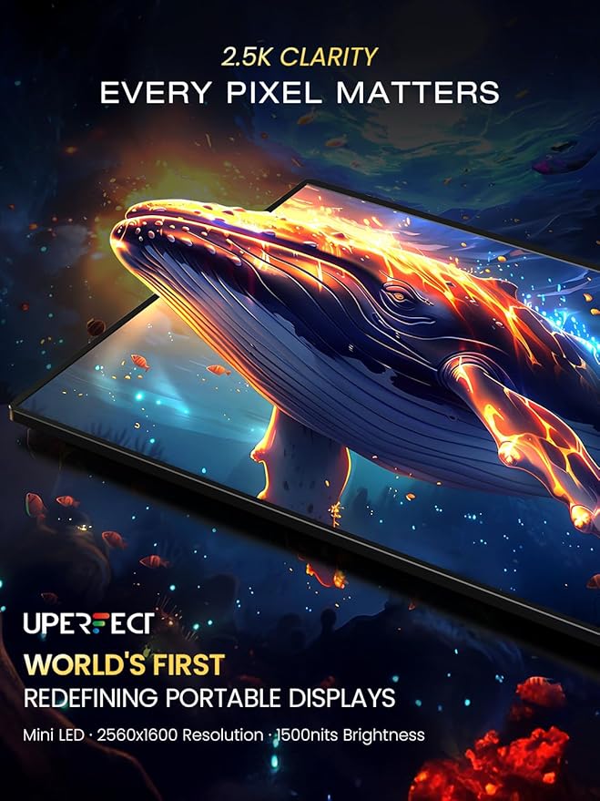 UPERFECT Mini LED Portable Monitor 14" 2.5K | 1500 Nits | 2560x1600 | 10000:1 Contrast | 1ms Freesync Portable Monitor for Laptop w/Stand & VESA, Slim Travel Screen for PC Phone Game Consoles