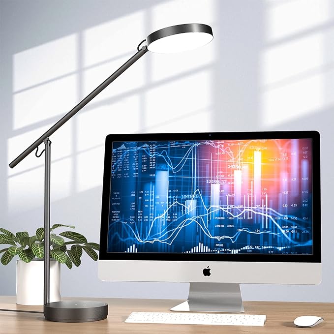 Desk Lamps for Home Office with Stable Base, Adjustable Swing Arm Table Lamp, Eye Caring Lamp for Reading, Work, Bedroom, Bedside, Memory Light Dimmable with 3-Color Modes & 9-Brightness