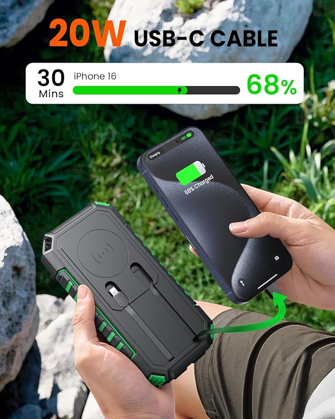 Riapow Solar Charger Power Bank - 27000mAh/99000mWh Wireless Portable Charger Built in 2 Cables - 22.5W Fast Charging Battery Bank with USB C in/Output - PD QC 3.0 Battery Pack Flashlights Outdoor