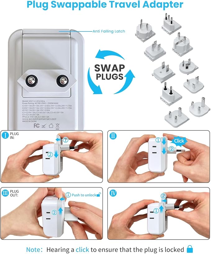Universal Travel Adapter Kit, VINTAR PD 35W International Power Adapter with 4 AC and 3 USB Ports(2 USB-C), Type A,B,C,D,E/F,G,H,I,L,M Detachable Attachments, Travel Adapter Worldwide for EU/UK/Africa