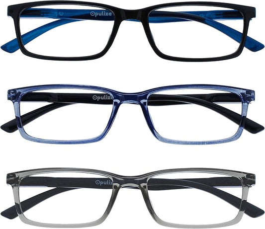 OPULIZE SEE Reading Glasses with Blue Light Blocking for Women and Men, Narrow Frame, Spring Hinges, Computer Gaming Glasses, Black,Blue,Grey +2 (Pack of 3)