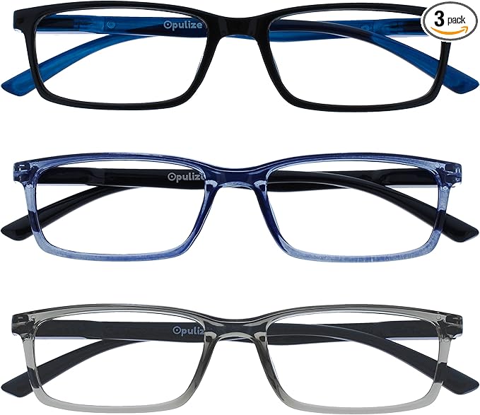 OPULIZE SEE Reading Glasses with Blue Light Blocking for Women and Men, Narrow Frame, Spring Hinges, Computer Gaming Glasses, Black,Blue,Grey +1.5 (Pack of 3)
