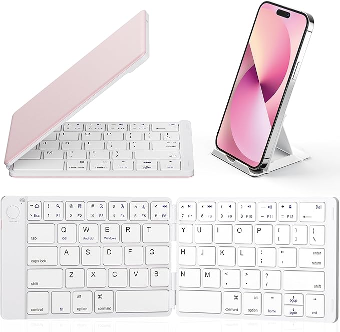 Samsers Foldable Bluetooth Keyboard - Portable Wireless Keyboards with Stand Holder, Rechargeable Full Size Ultra Slim Folding for iOS Android Windows Smartphone Tablet and Laptop, White-Pink