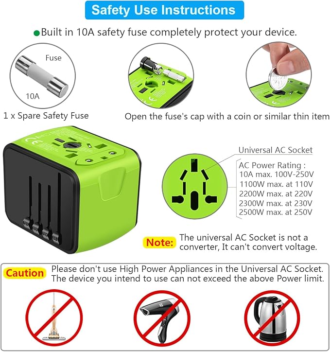 Travel Adapter Worldwide, Universal International Power Plug Adapter W/2.4A 2xUSB-A and 3.0A 2xType-C Wall Charger, European Travel Plug Adapter for Europe UK EU US CA AU Italy Asia-Green