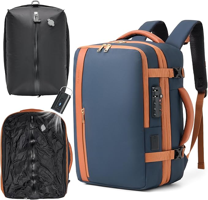 Fanwoli Vacuum Travel Backpack, Carry On Luggage with TSA Lock & Anti Theft Zipper, 60L Expandable Airback with Compression Pump, Waterproof Laptop Bag Ideal for Flight & Business,Blue