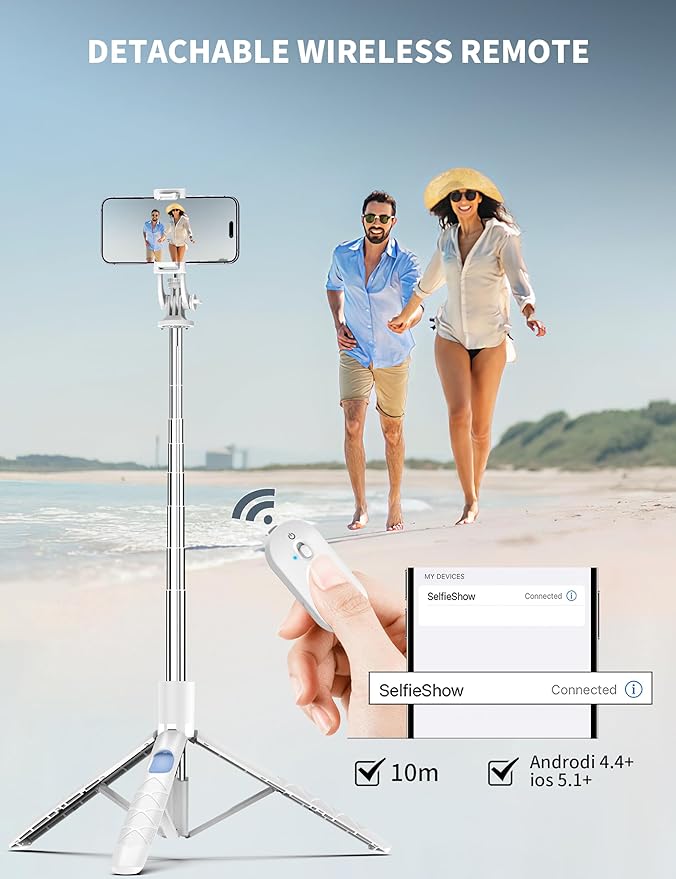 SelfieShow 71" Cell Phone Selfie Stick & Tripod, Smartphone Stand with Remote, Extendable & Travel Compatible with iPhone 15/14/13 Pro Max Gopro Android DJI (White)