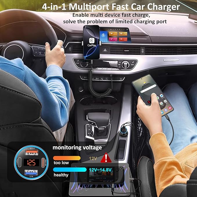 Car Charger USB C, 65W Multi Port Dual 12V USB C Car Charger Adapter with Voltage Display PD/QC 3.0 Super Fast Charging Cigarette Lighter Adapter for iPhone 17 16 15 14 13 12 Pad Pro Air(Gray)