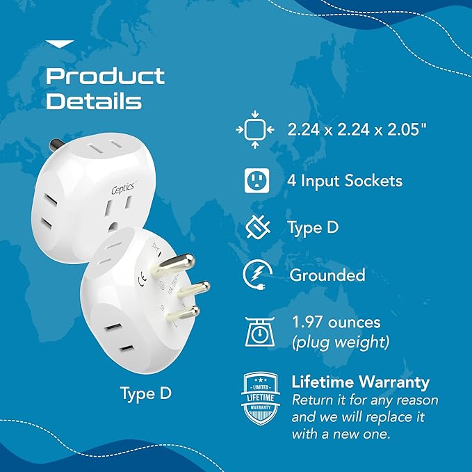 Ceptics India, Pakistan Travel Adapter - 4 Input - Ultra Compact - Light Weight - USA to Any Type D Countries Such as Bangladesh, Maldives and More - 2 Pack (PT-10)