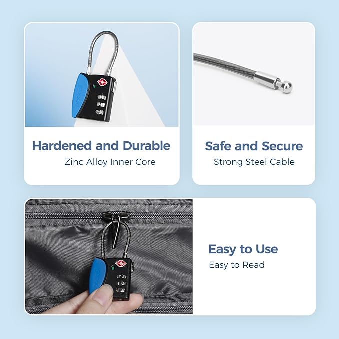 pack all TSA Approved Cable Luggage Locks, 3 Digit Combination Padlocks, Travel Lock for Suitcases & Bag, Alloy Body, Travel Accessories (4 Pack)（Navy）