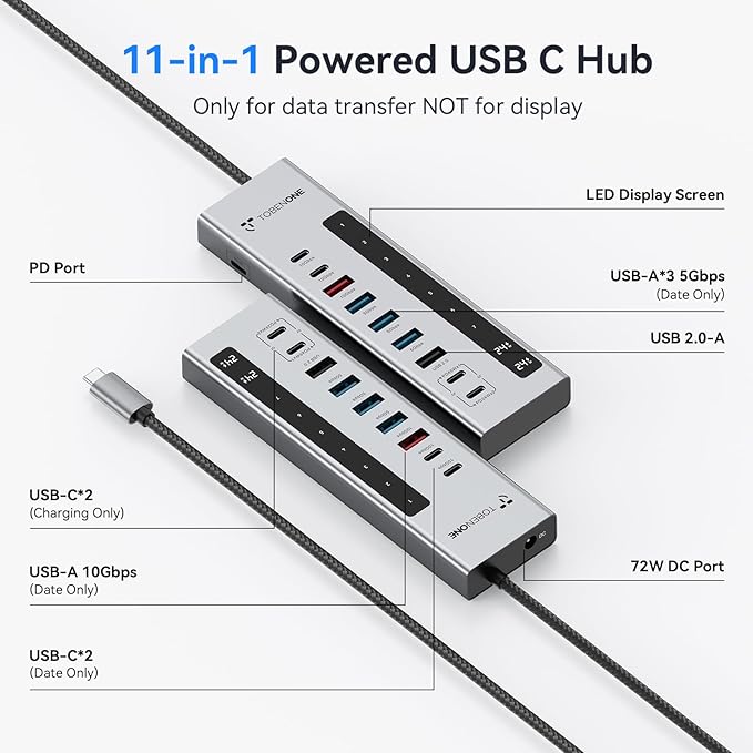 TobenONE Powered USB C Hub, 11-in-1 10Gbps USB C Splitter with 5 USB-A and 5 USB-C, 72W Adapter, 100W PD-IN, 45W USB C Charging Port, USB C Expander for Laptop/PC, MacBook, iPad,Phone(Not for Monitor)