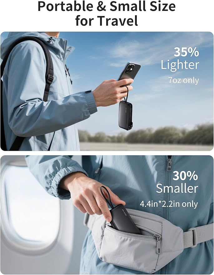 22.5W Portable Charger with Built-in USB-C Cable & Wall Plug, 10,000mAh Fast Charging USB C Power Bank, Travel Essential Battery Pack for iPhone 16/15 Series, Samsung Galaxy, iPad More Devices