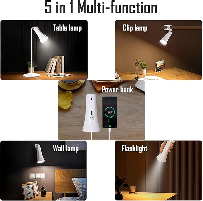 5 Modes Rechargeable LED Lamp with Magnet Swivel Joint, Touch Control, Adjustable Brightness, Color, 360° Angle, Can Become Desk Lamp, Clip Lamp, Wall Lamp, Flashlight, Portable Charger (White)