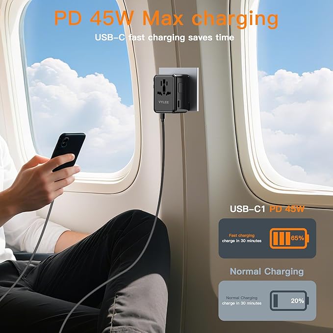 Universal Travel Adapter, VYLEE 45W International Plug Adapter with PD Fast Charging, 5-Port (1 AC/1 USB-A/3 USB-C), Wall Charger Worldwide Travel Essentials Plug for USA EU UK AUS Japan (Black)