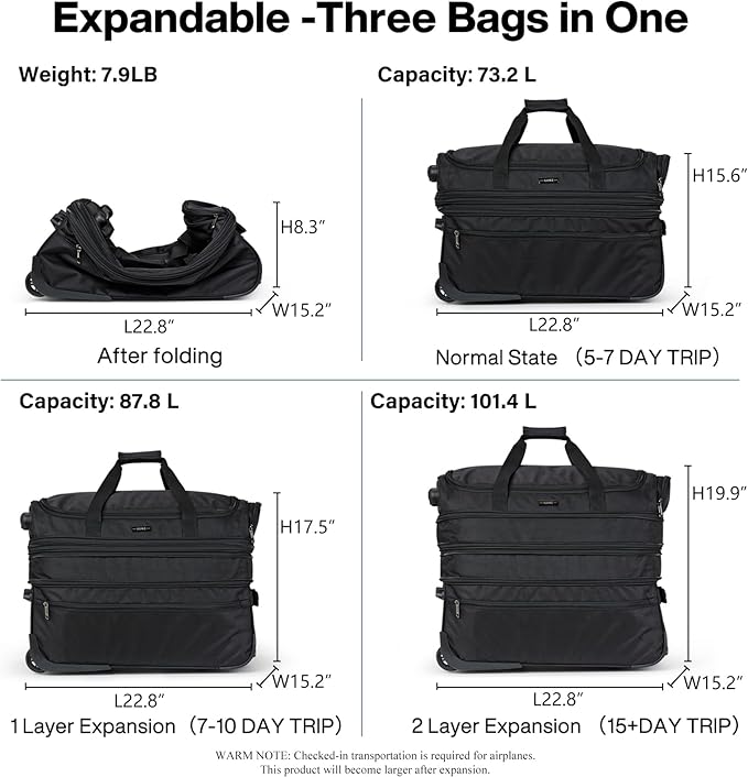 Hanke Large Expandable checked Luggage Suitcases with Wheels Foldable Duffle Bag for Travel suitcase for Women Men Garment Bag（Black）