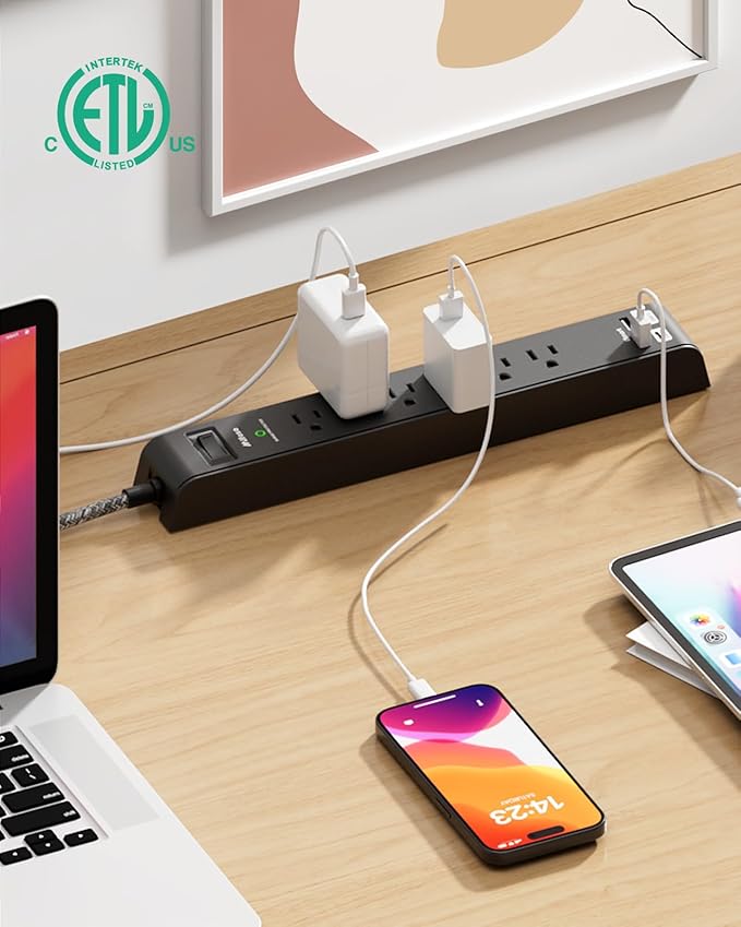 15FT Power Strip Surge Protector - 2 Pack Extension Cord with 6 Outlets 4 USB Ports, Flat Plug, 900 Joules, 15A Circuit Breaker, Wall Mount for Home Office Dorm