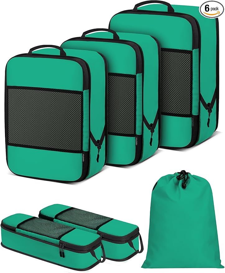 6 PCS Set Compression Packing Cubes for Travel, Lightweight Packing Organizer Bags Travel Essentials for Carry On, Suitcase, Home Closet - Green