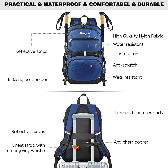 Seektop 40L Hiking Backpack Foldable Daypack for Women Men, Lightweight Travel Backpack Carry on Flight Approved for Camping School Work Business Leisure (Blue)